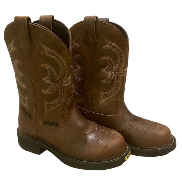 Justin Shoes - NWT Justin Steel Toe Waterproof Western Boots Brown Leather